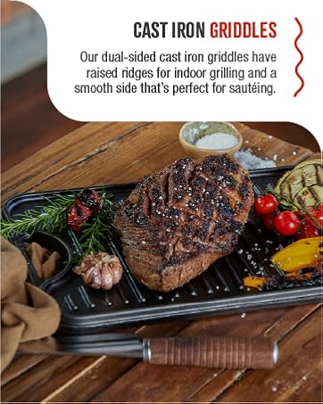 A cast-iron griddle with cooked meat. Text reads: Cast-iron griddles.