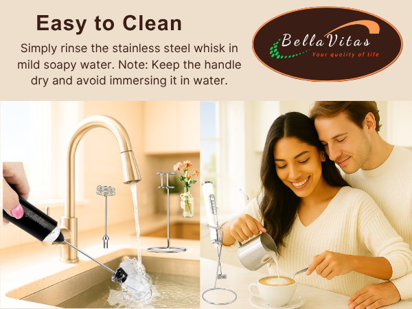 Hand rinsing frother whisk under a faucet; couple making a latte in a kitchen.