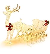 Tangkula 6 FT Christmas Lighted Reindeer &amp; Santa’s Sleigh, Xmas Lighted Outdoor Yard Decoration W...