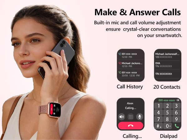 Text reads 'Make &amp; Answer Calls', 'Call History', '20 Contacts', 'ensure crystal-clear conversations on your smartwatch'. Smartwatch interface showing calling features and functions.