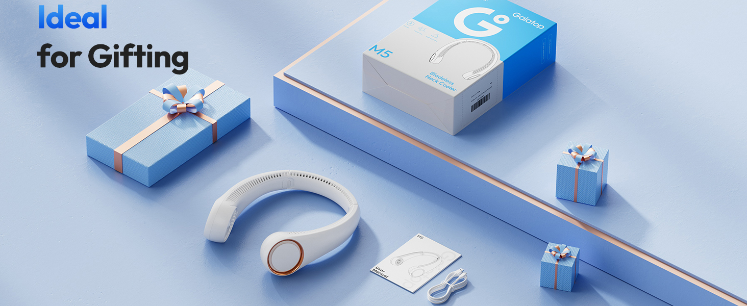 Text reads 'Ideal for Gifting.' Blue and white gift packaging boxes with various tech accessories and headphones arranged on blue gradient background.