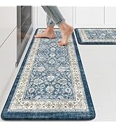 KIMODE Anti Fatigue Kitchen Mats 17.3" x 47"+17.3" x 29", Boho Blue Kitchen Rugs Sets of 2, Non S...