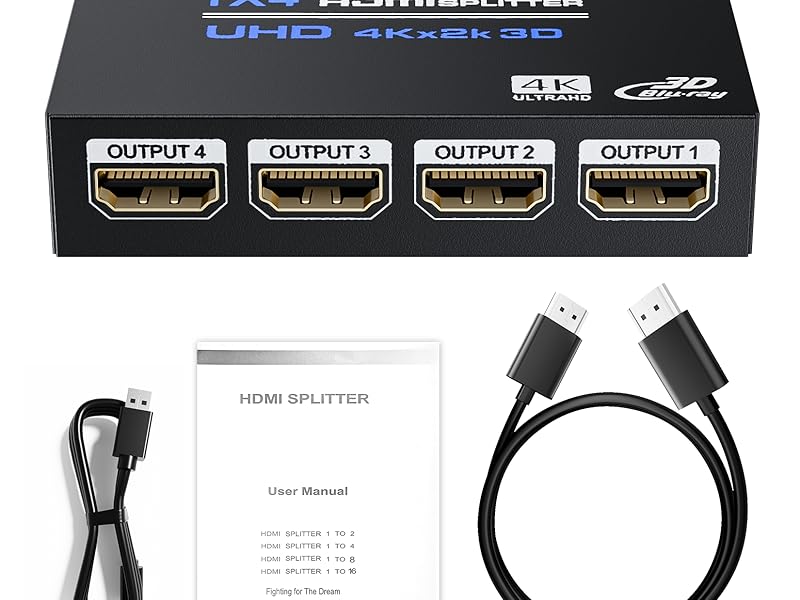 hdmi 4 way splitter 1 Input 4 Output 4KX2K, 1080P@60Hz, 3D, HDR for STB, DVD, PS3, Projector 