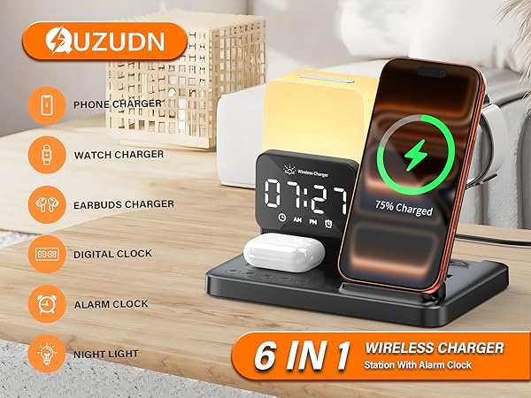 6 IN 1 WIRELESS CHARGER Station With Alarm Clock