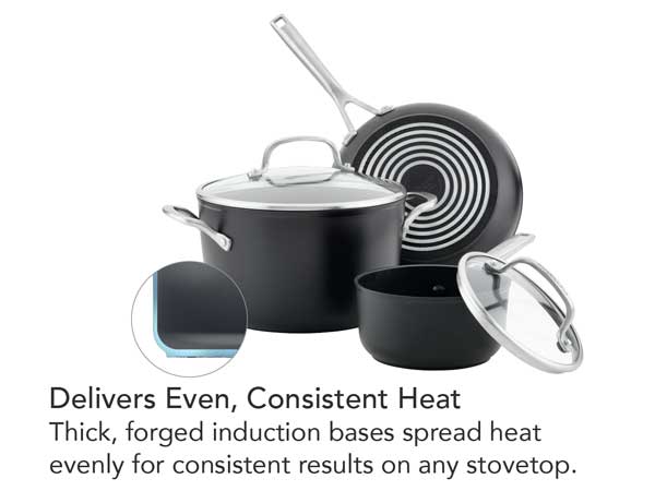 Delivers even,consistent heat, thick forged base. Induction capable.
