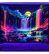 SparkLia Blacklight Fantasy Waterfall Moon Tapestry, UV Reactive Nature Tapestry Neon Landscape M...