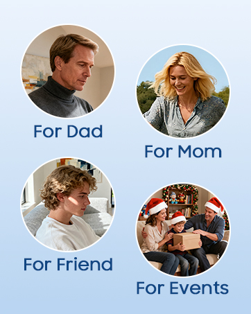 Text reads 'For Dad', 'For Mom', 'For Friend', 'For Events'. Marketing layout showing circular photos arranged with blue background and text labels for different recipient categories.