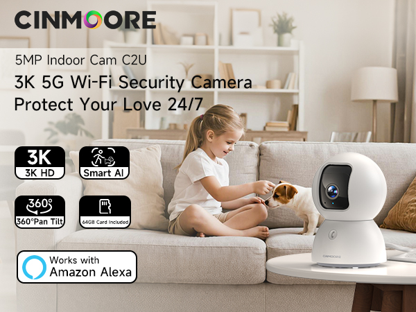 CINMOORE 5MP Indoor Cam C2U 3K 5G Wi-Fi Security Camera 360 Pan Tilt 64G Card
