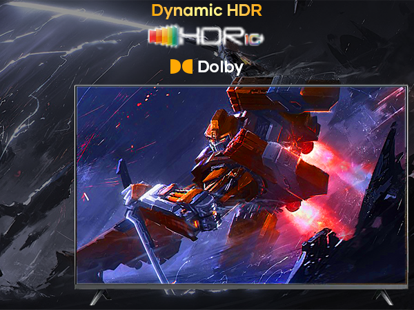 TV displaying sci-fi battle scene with vibrant colors. Features Dynamic HDR and Dolby technologies for enhanced visual experience. Thin bezel design with dark frame.