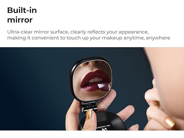 Text reads 'Built-in mirror' and 'Ultra-clear mirror surface, clearly reflects your appearance, making it convenient to touch up your makeup anytime, anywhere.' Product image shows person using small circular mirror.