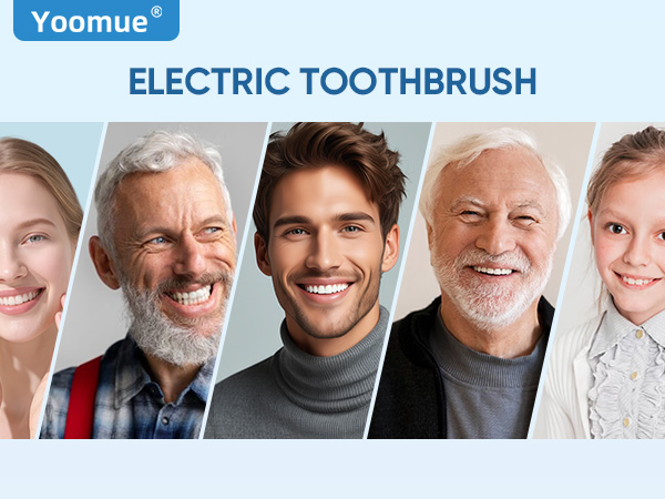 Text reads: 'Yoomue' 'ELECTRIC TOOTHBRUSH'. Marketing image showing multiple people of different ages smiling.