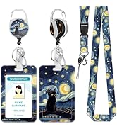 Hancynir Black Cat Lanyards for Id Badges, Starry Night Badge Holder with Retractable Reel Clip, ...