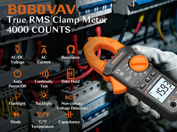 Text reads 'BOBOVAV True RMS Clamp Meter 4000 COUNTS' with product features displayed including voltage, current, resistance, and continuity icons. Orange and black digital multimeter clamp device shown against blue background.