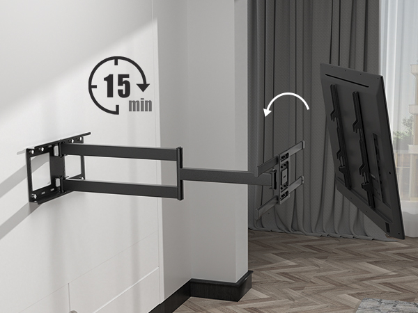 Wall-mounted TV bracket with extendable arm. Features '15 min' icon, suggesting quick installation. Shown extended from wall and folded against wall in split image.