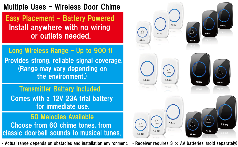 AZ4U wireless door chime, battery powered, 900 ft range, 60 chimes, 12V 23A battery included.
