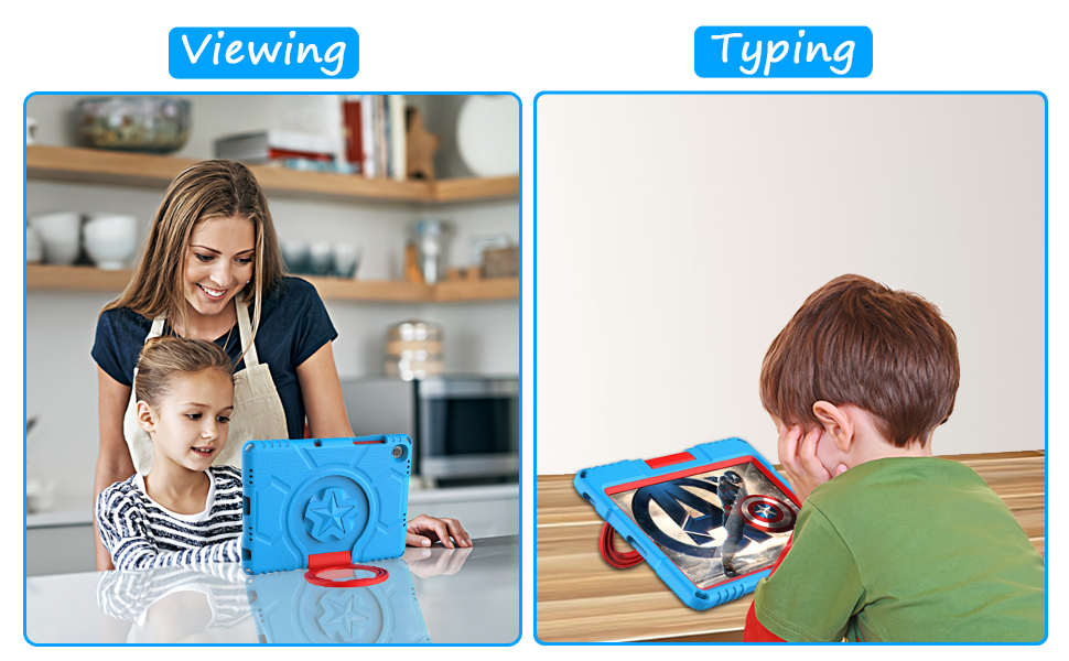 Split image showing a blue educational device being used in 'Viewing' and 'Typing' modes on a table surface.