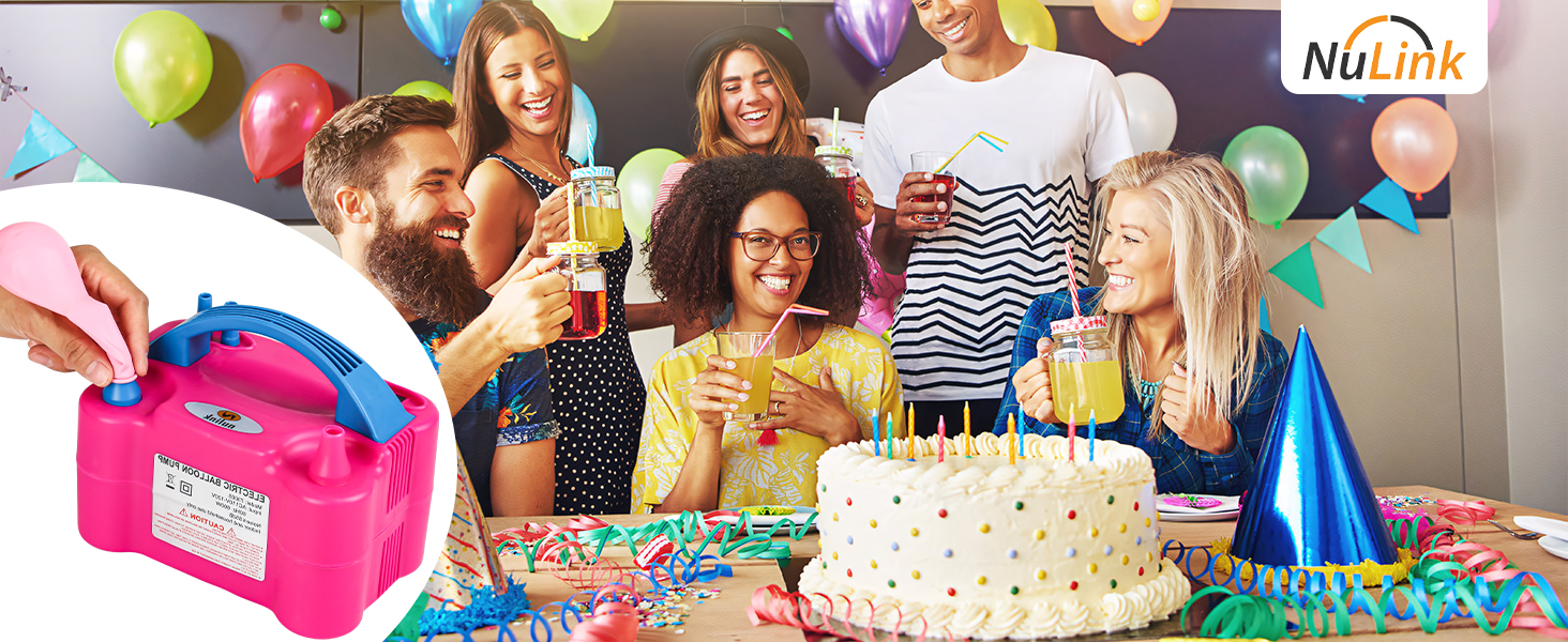 Electric balloon pump used at a birthday party with colorful balloons and decorations