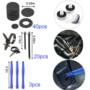 Set of assorted small tools and components, including black rubber pieces, metal parts, and blue plastic items. Quantities are labeled for different sets.