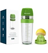 Clear plastic bottle with green lid and citrus juicer attachment. Includes measurement markings on side and product packaging shown.