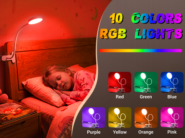 Clip on Lamp,10 RGB Colors+10 Brightness Clamp Light