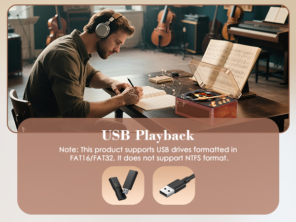 Text reads 'USB Playback'. Multiple views show someone reading sheet music with digital music display device mounted on music stand.