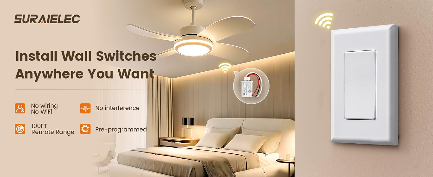 SURAIELEC Wireless Light Switch and Receiver Kit, Decorator Rocker Wall Switch