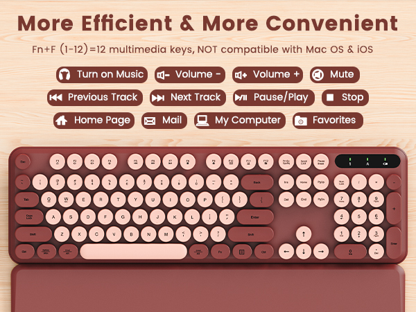 More Efficient &amp;amp; More Convenient, Fn+F(1-12)=12 multimedia keys,NoT compatible with Mac Os &amp;amp; ios