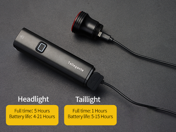 Dual-function bike light system showing headlight and taillight specifications with battery life details of 5 hours and 1.5 hours respectively.
