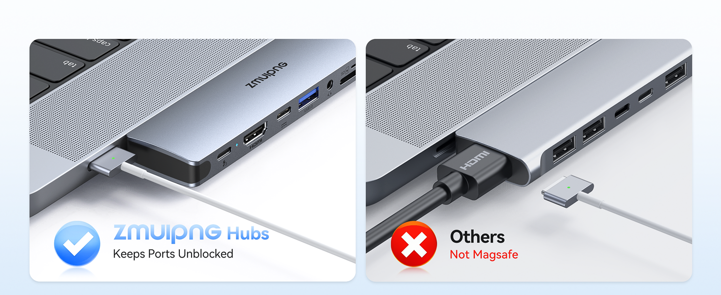 USB hub comparison showing two silver laptop adapters - one labeled as '2multipt9 Hub' with checkmark, another labeled as 'Others' with X mark.