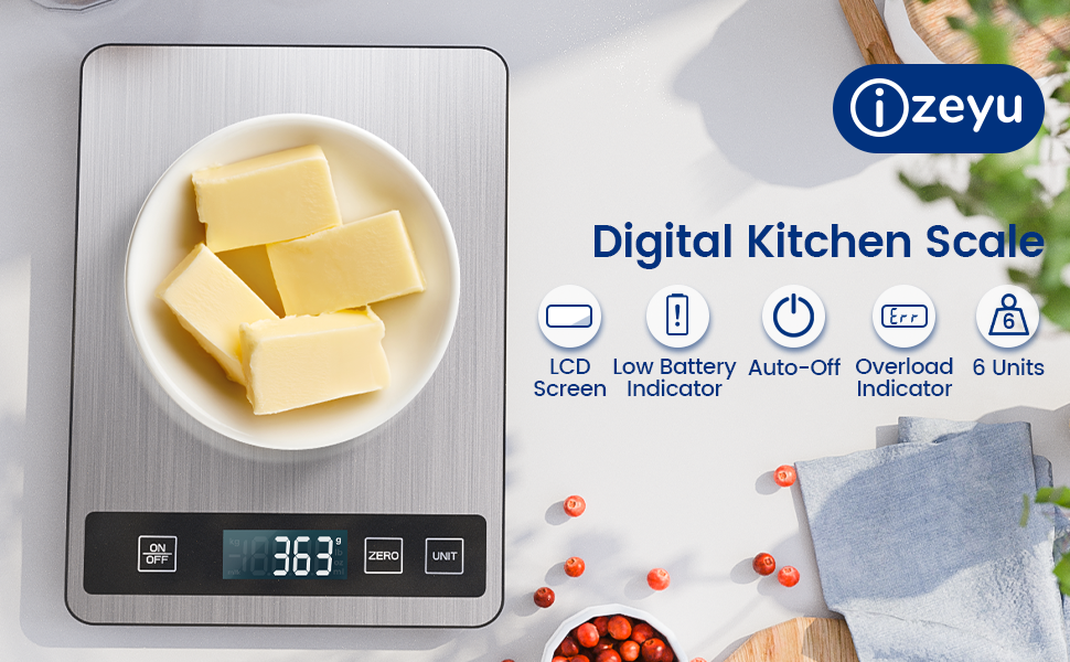 Izeyu digital kitchen scale displaying 363 grams of butter cubes. Features include LCD screen, low battery indicator, auto-off, overload indicator, and 6 units of measurement.