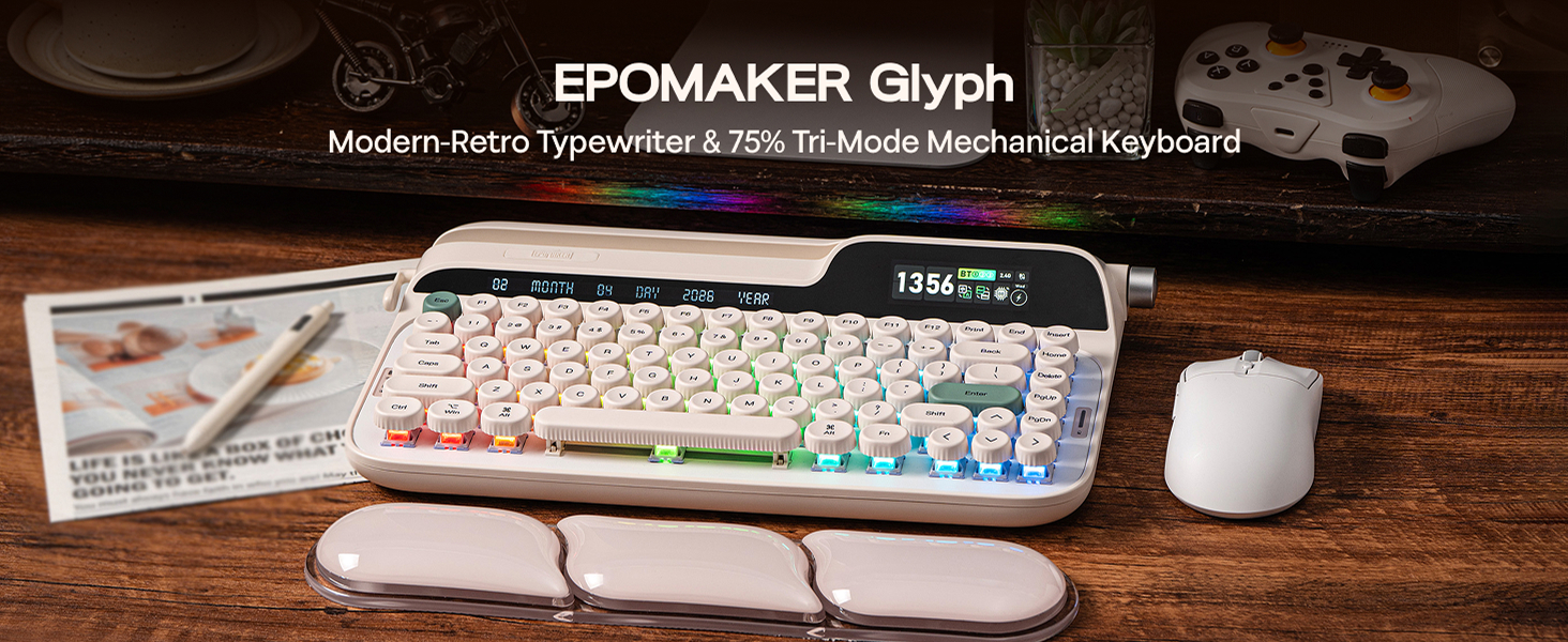 Text reads 'EPOMAKER Glyph'. Image shows a white mechanical keyboard with RGB lighting against a dark background.