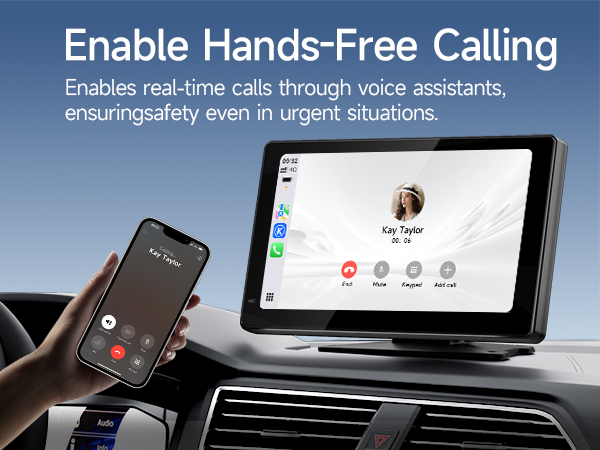 Text reads 'Enable Hands-Free Calling' and 'Enables real-time calls through voice assistants, ensuring safety even in urgent situations.' Shows car dashboard with mounted device interface.