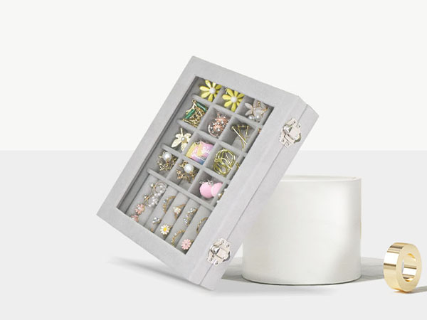 Vicoter Velvet Jewelry Organizer Tray 7 Ring Slots &amp; 16 Grid Compartments Glass Lid Display Case