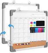 VUSIGN Monthly Calendar White Board Dry Erase Cork Board Combination for Wall, 17''x13'' Double-S...