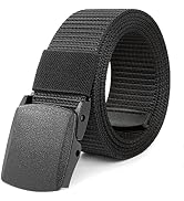 Black nylon tactical belt with plastic buckle closure. Features adjustable woven webbing design and flat matte finish buckle without metal parts.