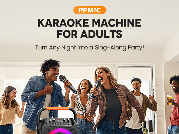 The PPMIC T26-T karaoke machine for adults with two wireless microphones.