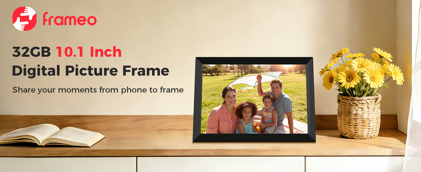 Frameo 10.1-inch 32GB digital frame: shows warm family photo, share phone moments for cozy memories.