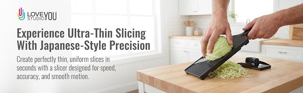 Hands slicing cabbage with mandalin slicer on kitchen counter, cocina style, oxo design