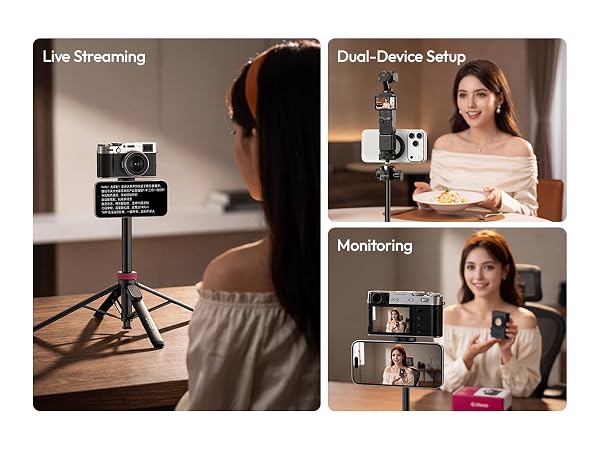 Text reads "Live Streaming", "Dual-Device Setup", "Monitoring". Three-panel composite showing smartphone mounted on tripod for streaming, woman holding product while streaming, and woman monitoring content on shelving background.