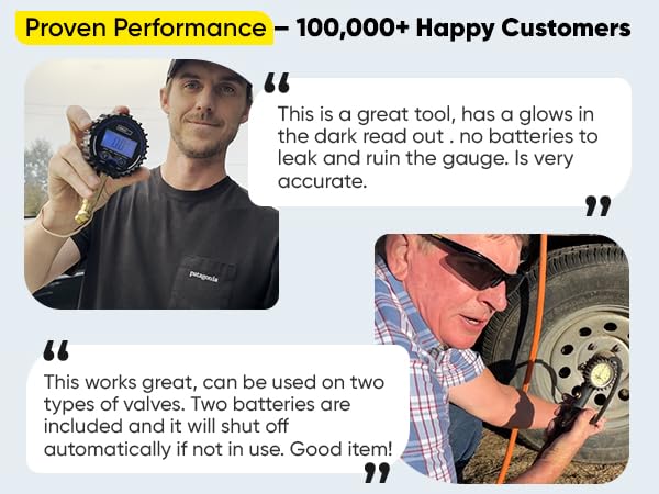happy customers with tire pressure gauge