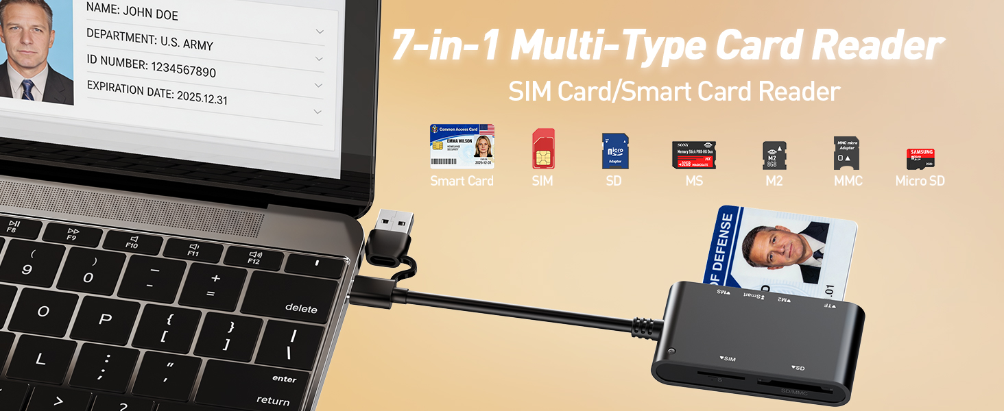 This card reader compatible with sim, cac, sd, mmc, micro sd, memory stick pro duo and m2 cards.