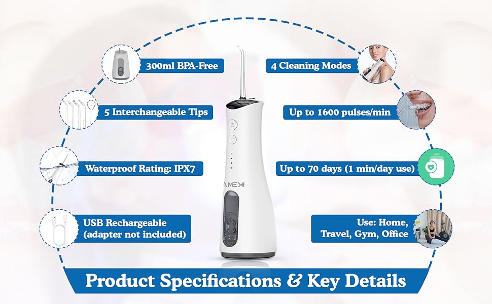 KAMEX rechargeable cordless water flosser with 300ml tank, multiple modes, and waterproof design