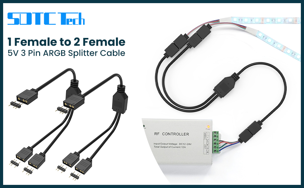 1 to 2 female to female 5v 3 pin addressable rgb splitter extension cable