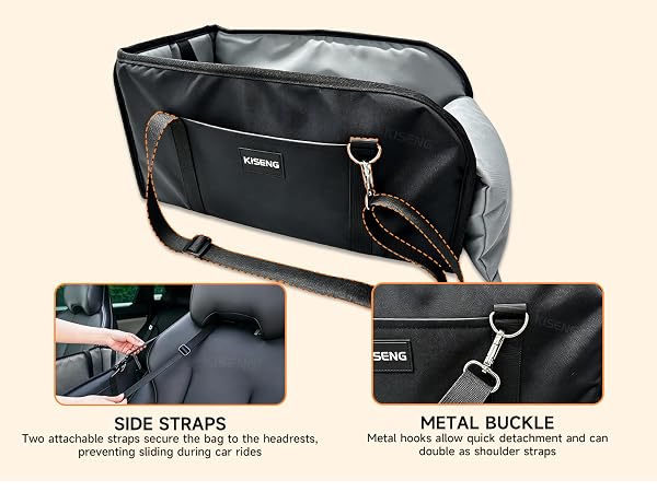 Two attachable straps secure the bag to the headrests,preventing sliding during car rides