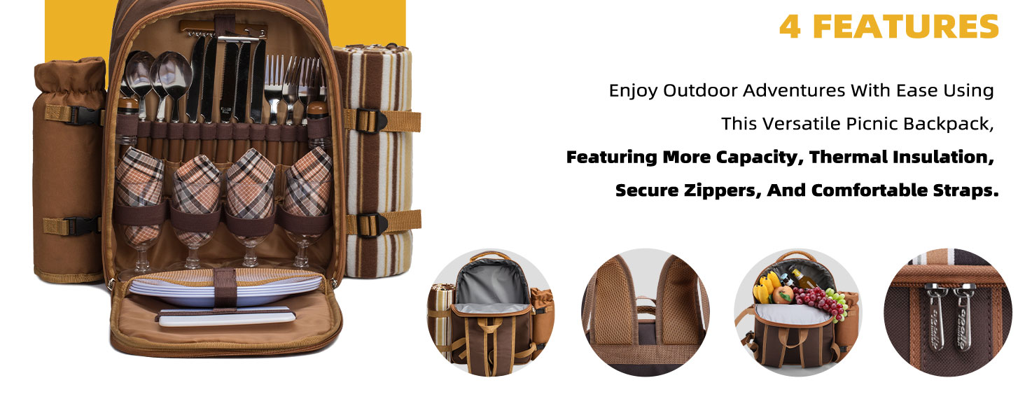 Picnic Backpack Bag for 4 Person with Cooler Compartment,Wine Bag, Picnic Blanket