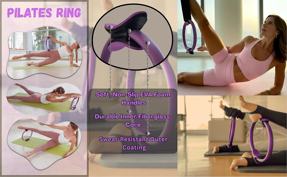 Pilates ring collage showing foam handles, durable core, and exercises for thighs, glutes, and core.