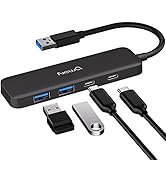 USB hub by NewQ with multiple ports, including USB-A and USB-C. Includes additional USB adapters and cables.