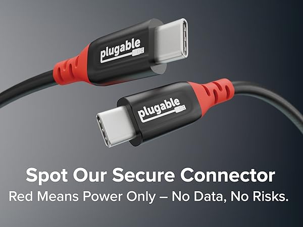 Plugable USBC to USBC cable with black housing and red secure charging-only connectors