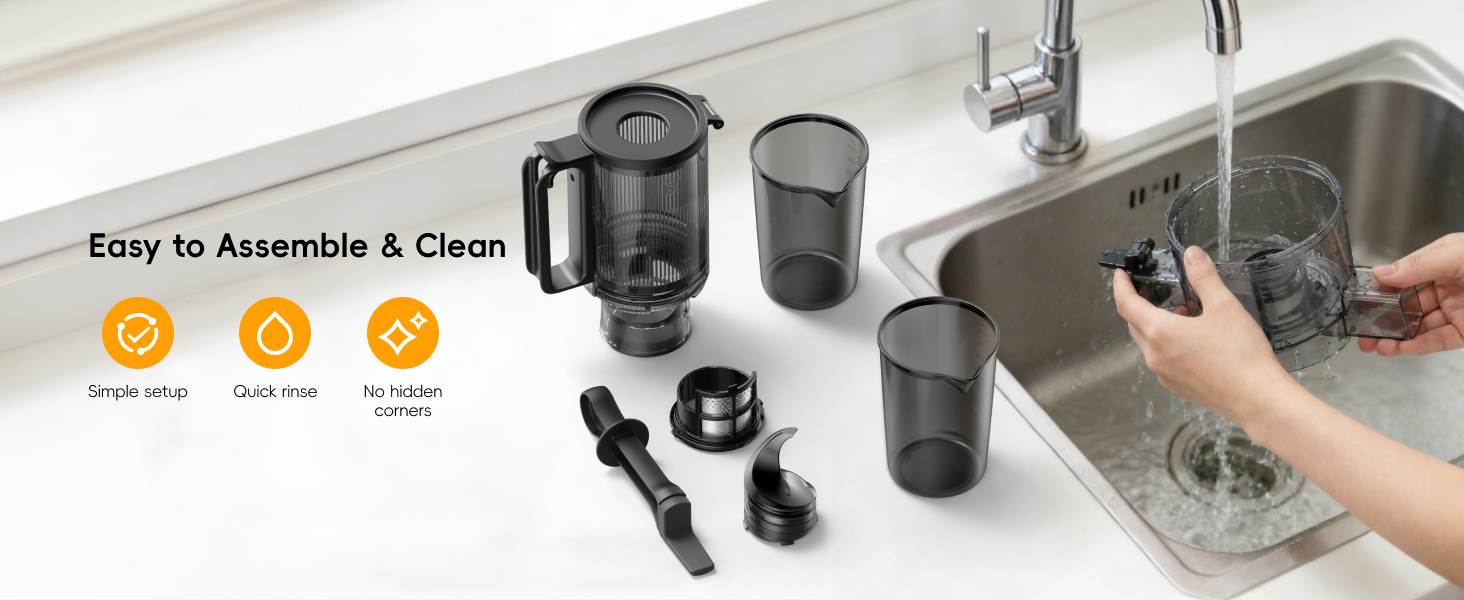 Hands rinsing a removable FORLIM juicing bowl beside disassembled parts and two cups