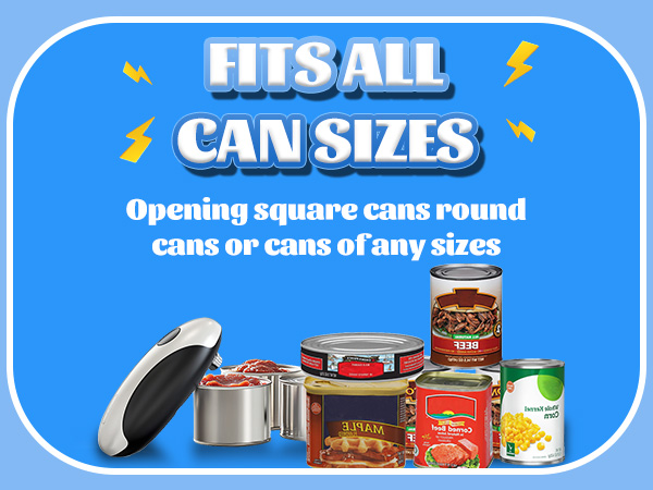 Text reads 'FITS ALL CAN SIZES', 'Opening square cans round'. Blue banner advertising images showing can opening tool demonstration with various canned goods.